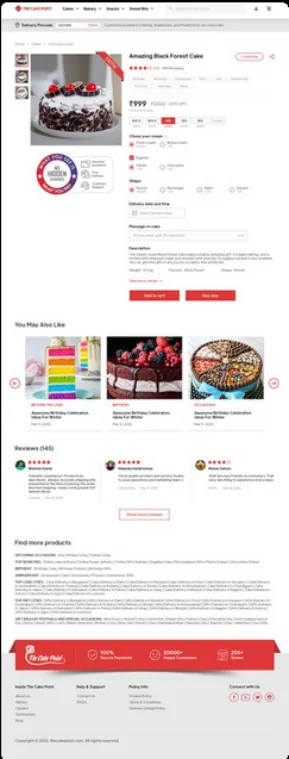 Mobile storefront of the cake brand showing product listing and cart entry